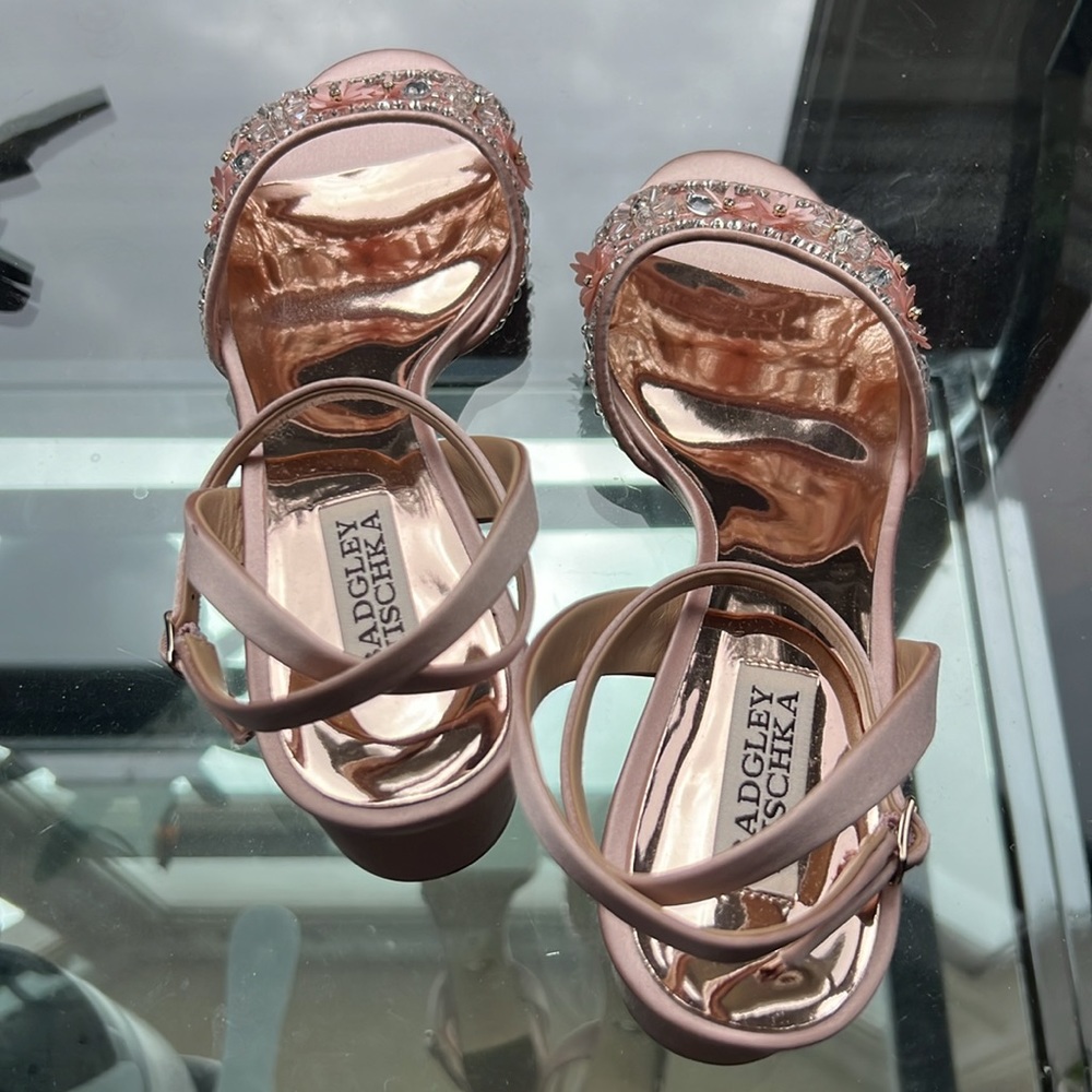 Badgley Mischka Pink Satin Floral Crystal Block Heel Sandals - Picture 10 of 13